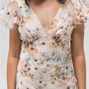 Floral V-Neck Pink Cream Midi Dress